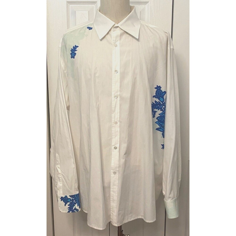 SALTAIRE Men's XXL White Dress Shirt Button Blue Green Floral Design L/S Cotton